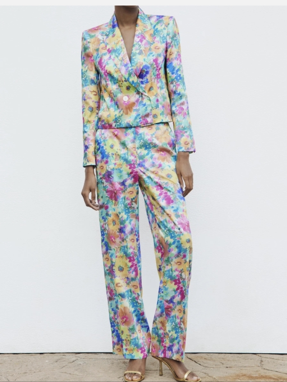 ZARA Cropped Floral Print Blazer & Matching Trousers Co Ord Set Suit Size M